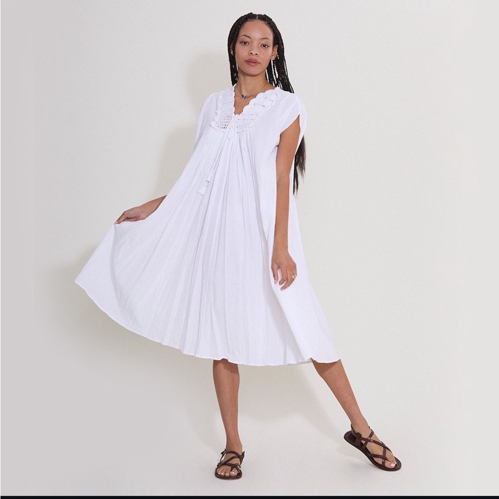 Suzie Kondi White V-neck Crochet Gauze Midi Dress